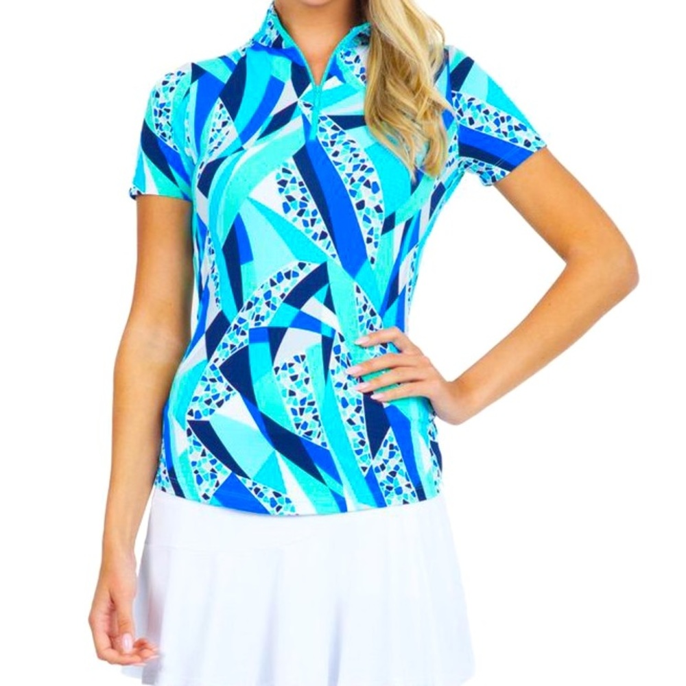 IBKUL Icefil Brianna Blue Mock Neck Short Sleeve Top Golf Tennis Pickle Ball